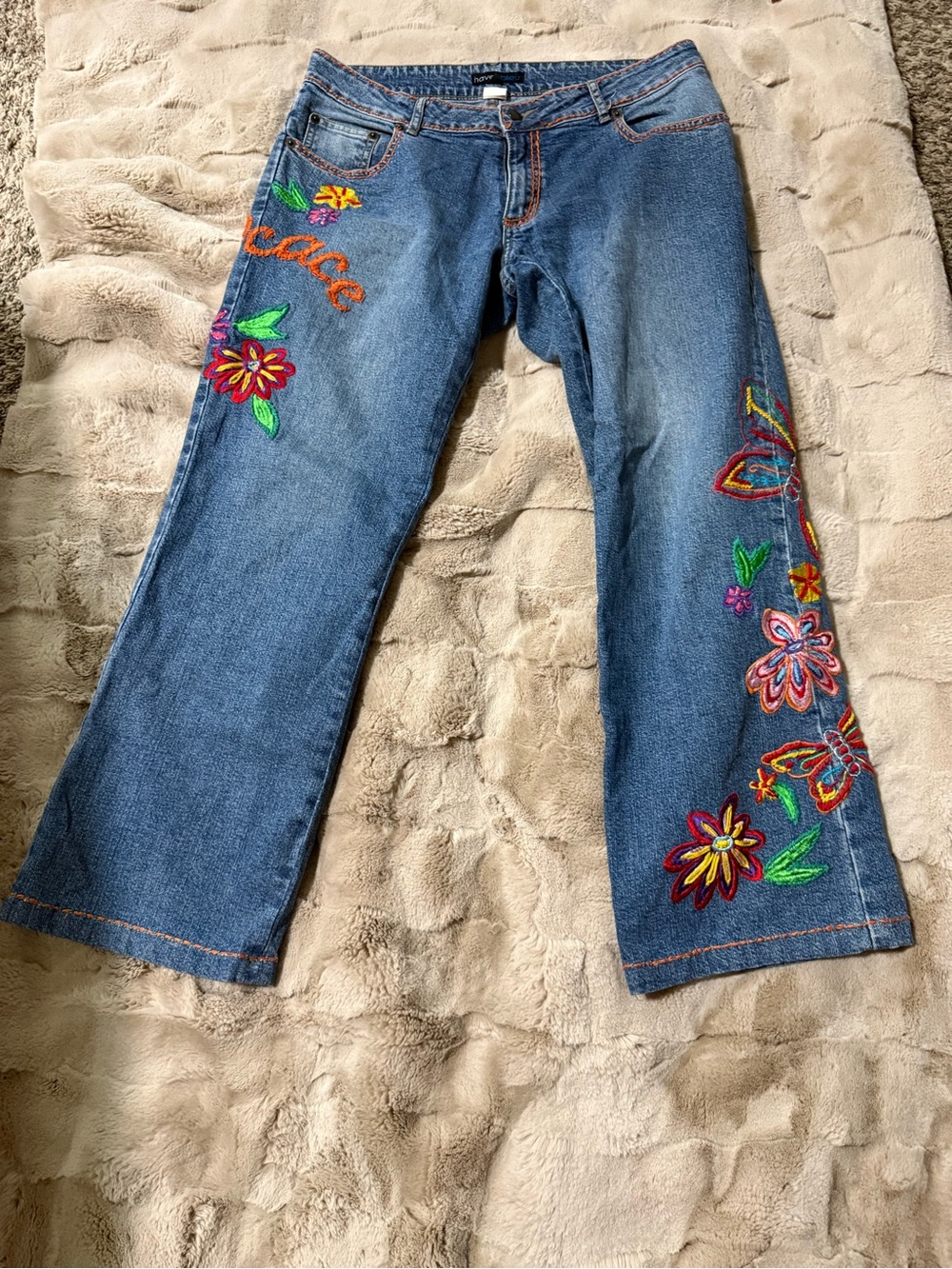 Havenbleu Embroidered Blue Wide-Leg Jeans with Floral & Butterfly Accents
